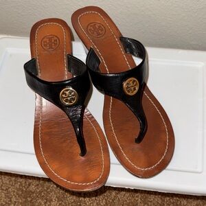 Tory Burch Black Leather Wedge Sandals